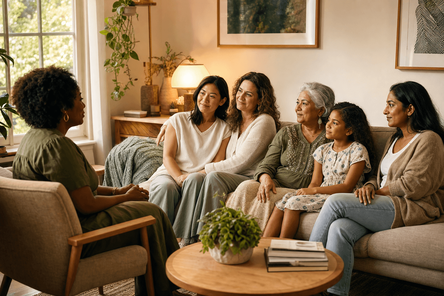 A warm counseling session with a diverse group of women, an elder, a child, and a therapist